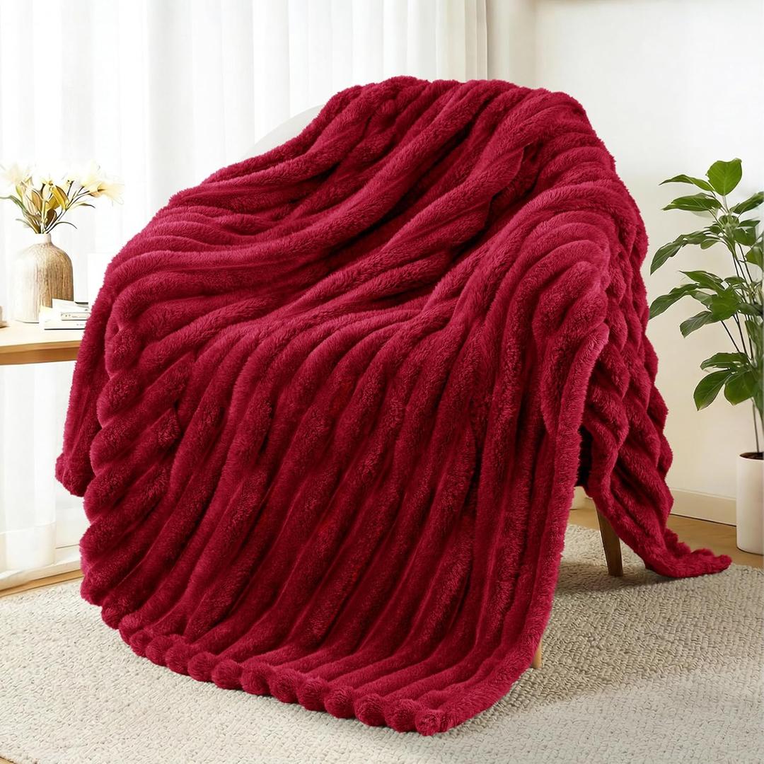 Fleece Throw Blanket for Couch, Super Soft Striped Jacquard Bed Blanket, Lightweight Fuzzy Cozy for All Seasons, 50x60 Inches, Deep Red