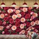 Pink Red Rose Wall Backdrop 7x5FT Flower Wall Photography Background Bridal Shower Wedding Baby Shower Girls Princess Birthday Party Cake Table Banner Decorations