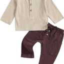 Thorn Tree Toddler Boys Girls Fall Outfits Long Sleeve Button Down Shirt Elastic Waist Pants 2Pcs Little Kids Clothes Set (12-18 Months)