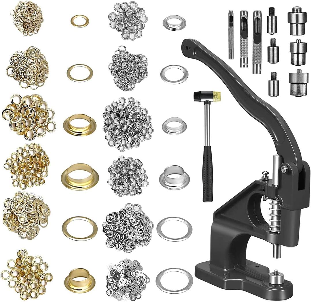 Grommet Press Kit with 3000 Eyelets & 3 Die Sets - Heavy Duty Cast Iron Hand Press Machine for Effortless Grommet Installation on Tarps, Curtains, Canvas, Tents & Crafts (1/4 3/8 1/2 Inch) (Black)