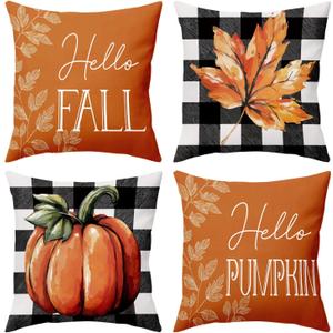 BBOLDIN Fall Throw Pillow Covers 18x18 Couch Cushion Covers, Thanksgiving Pumpkin Leaves Decorations for Sofa Home Porch, Orange Plaid Farmhouse Pillow Cases Autumn Decor Set of 4