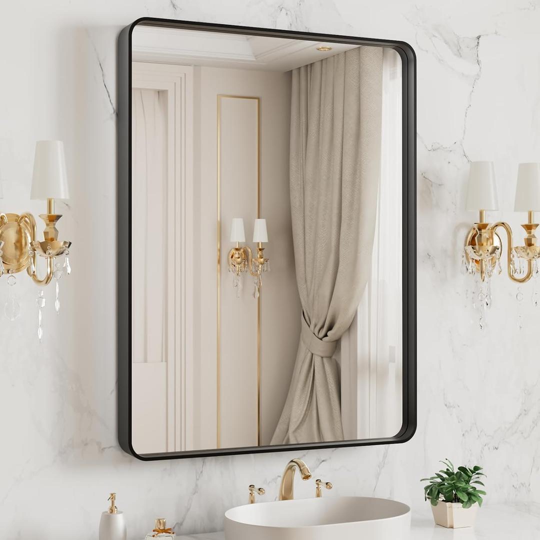 LOAAO 20X16 Inch Black Metal Framed Bathroom Mirror for Wall, Matte Black Bathroom Vanity Mirror Farmhouse, Large Rounded Rectangle Mirror, Anti-Rust, Hangs Horizontally or Vertically