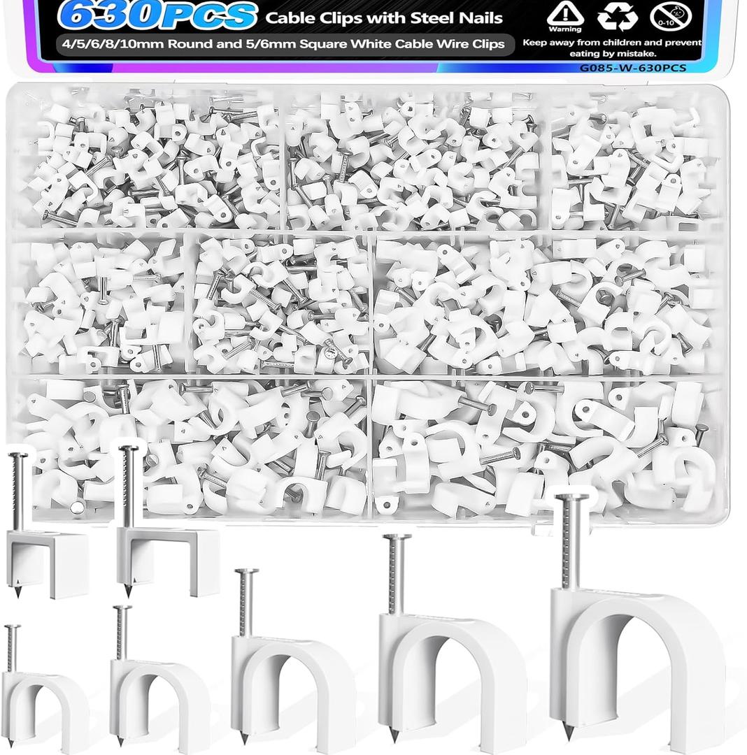 mxuteuk 630PCS Cable Clips with Steel Nails,4/5/6/8/10mm Round and 5/6mm Square White Cable Wire Clips,Wall Clips for Cords,Cable Cord Clips for RG6 RG59 CAT6 RJ45