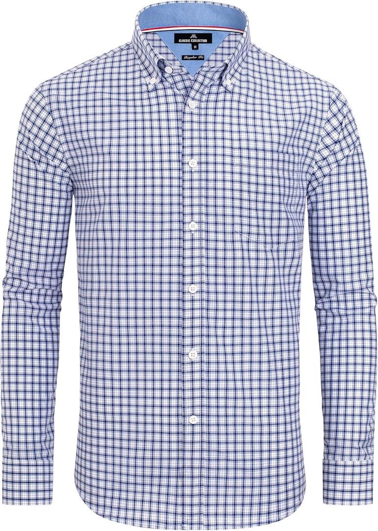 Alimens & Gentle Men's Plaid Button Down Shirts Cotton Long Sleeve Dress Shirts Regular Fit Gingham Shirts (Large)