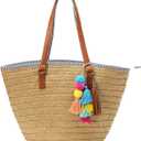 Epsion Straw Beach Bags Tote Tassels Bag Hobo Summer Handwoven Shoulder Bags Purse With Pom Poms (A-light Brown)