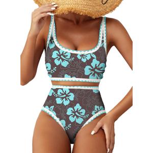 Herseas Women's Bikini Sets Floral Print Whip Stitch 2 Piece Swimsuits High Waisted Scoop Bathing Suits (M)