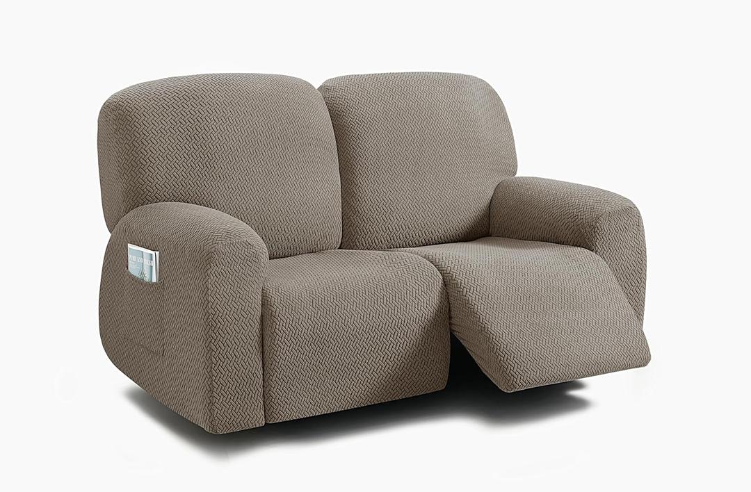 ULTICOR Reclining Loveseat Slipcover, 48" - 65" L, 6-Piece Jacquard Stretch Sofa Cover, 2 Seat Recliner Cover, Thick, Soft, Washable (Style 3) (Taupe)