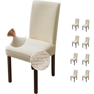 8-Piece Waterproof Dining Chair Cover, Long Checkered Jacquard Chair Cover, Fully Wrapped Detachable seat Protection Cover, Suitable for Dining and Living Room Chairs (Beige)
