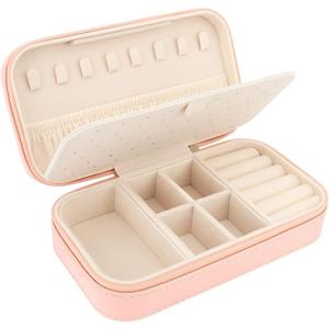 DesignSter Travel Jewelry Box, PU Leather Portable Jewelry Case, Small Jewelry Boxes for Gifts, Travel Jewelry Organizer for Women Rings Earrings Necklaces Bracelets (Dusty Pink)