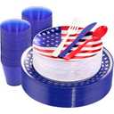 PULOTE 25PCS 4th of July Plates&Blue White Red Plastic Silverware&Clear Blue Cups, American Flag Plastic Plates Idea for Independence Day