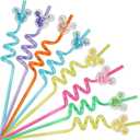 24 Pcs Glitter Mouse Ear Straws, Party Favors Drinking Straws With 2pcs Cleaning Brush, Reusable Plastic Straws for Boys Girls Party Decorations Birthday Party Supplies