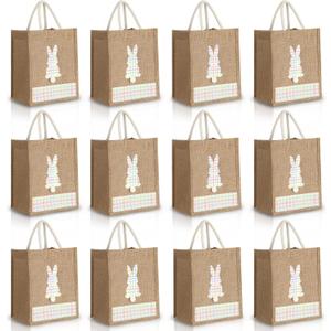 Wesnoy 12 Pack Easter Burlap Bunny Bags Large Easter Basket Rabbit Pastel Gift Bags with Handle & Waterproof Lining Reusable Spring Gift Bag for Egg Hunt, Candy Favor