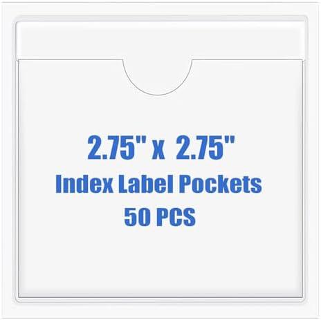 Origin-Joy 50 PCS Self-Adhesive Index Label Pockets, Clear Plastic Peel & Stick Card Holders with Top Open for Loading (2.75 x 2.75 inch)