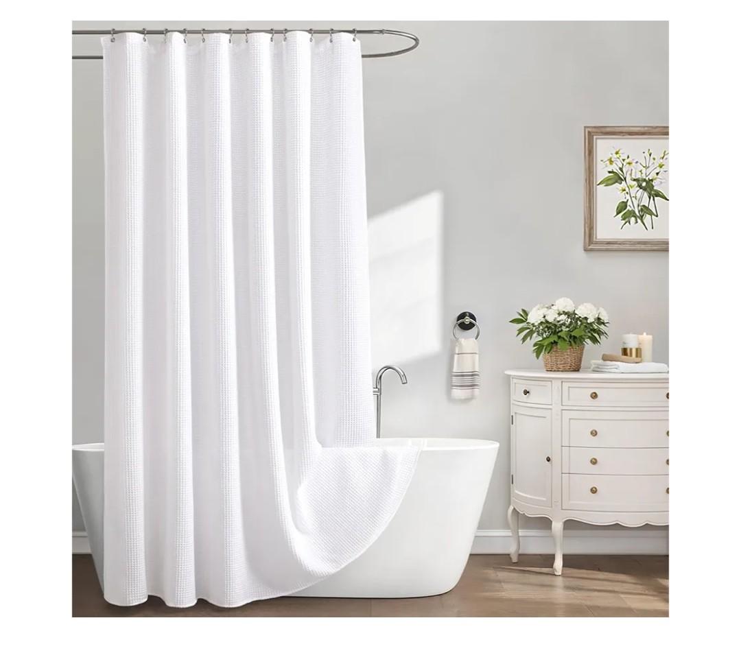 Extra Long Waffle Shower Curtain - White Cotton Texture Fabric Heavyweight Shower Curtain for Bathroom