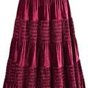 Women's Velvet Pleated Midi Skirt Elastic High Waist Fall Winter Tiered A-Line Party Long Skirts, Burgundy, XL