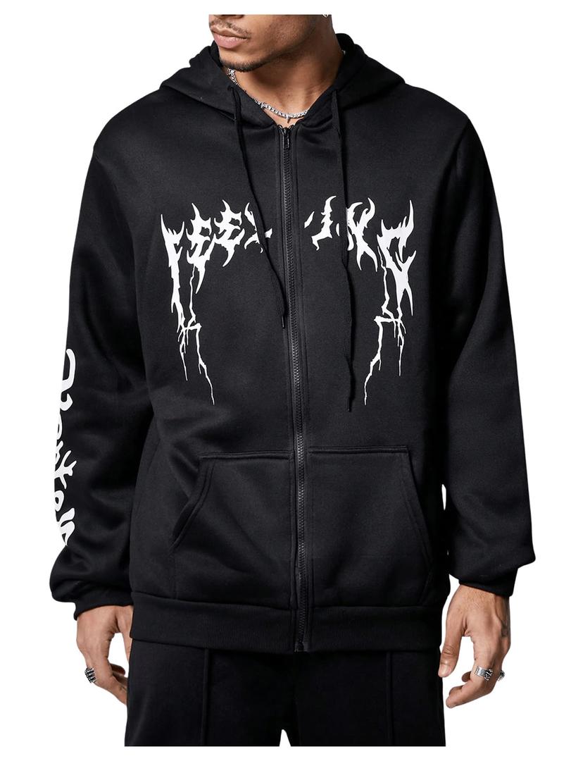 SOLY HUX Men's Graphic Zip Up Hoodies Sweatshirt Drawstring Long Sleeve Casual Streetwear Jacket Black Graphic Small (Black, S)