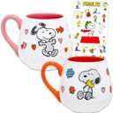 Peanuts Snoopy Mug Gift Set - Bundle with 2 Snoopy Ceramic Coffee Cups with Handles Plus Stickers for Kids, Teens Mug Set for Adults