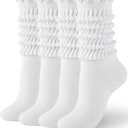 HONGTEYA Ruffle Socks for Women Cotton Slouchy Knee High Calf Crew Socks for Boot Sneakers Workout (Size 5-11, 2pairs White)