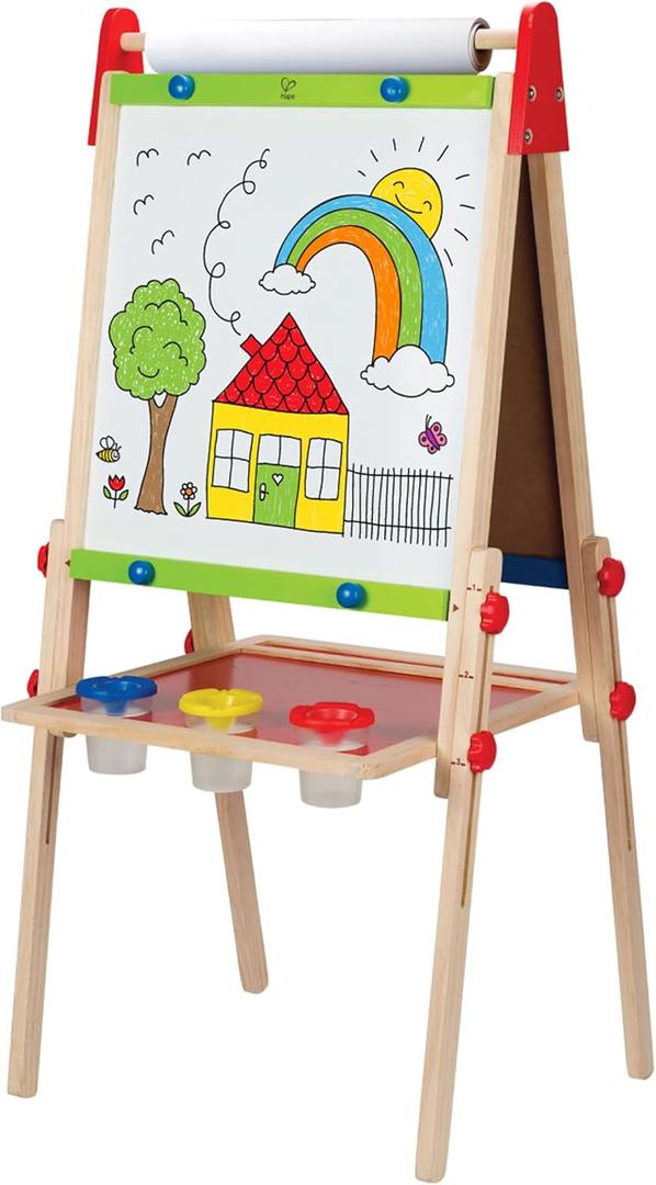 Hape E1010 Magnetic All in 1 Kids Height Adjustable Drawing Dry-Erase Chalkboard Wooden Artist Easel with 3 Paint Pots and Refillable Paper Roll
