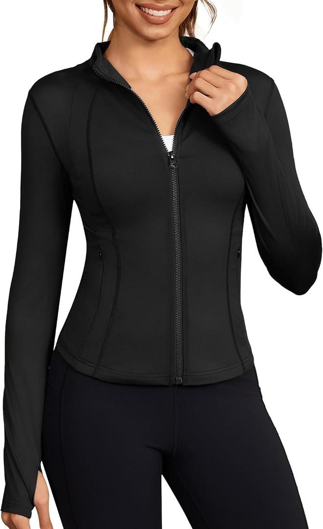 Bosmeer Workout Jackets for Women Lightweight Zip Up Slim Fit Yoga Sportwear Stretchy Crooped Running Jacket with Thumb Holes, Black Size L