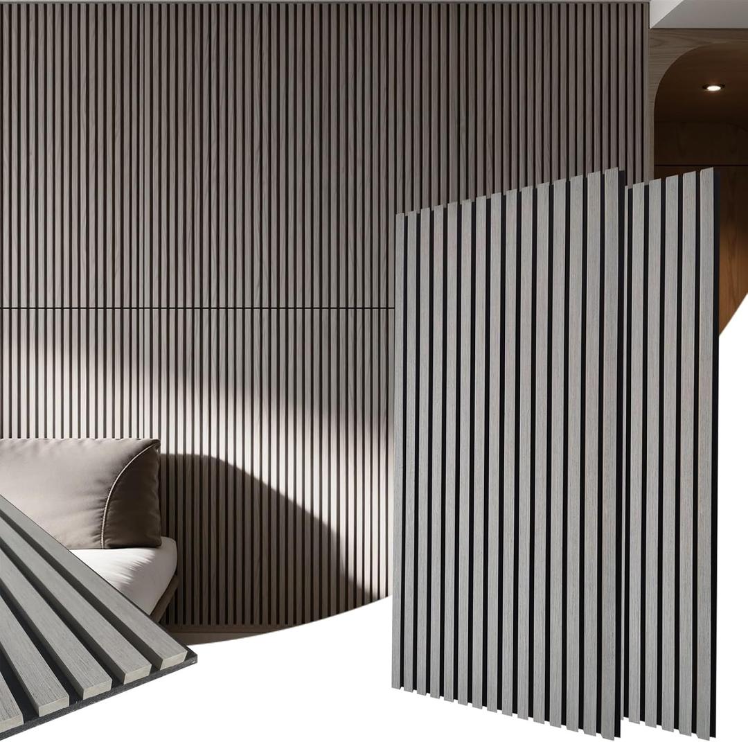 Grey Rubber Wood Veneer Acoustic Panels (2-Pack), 47.2" x 23.6" | Real Wood Surface Sound Absorbing Wall Panels, Waterproof Slat Paneling, Easy Glue or Screw Installation
