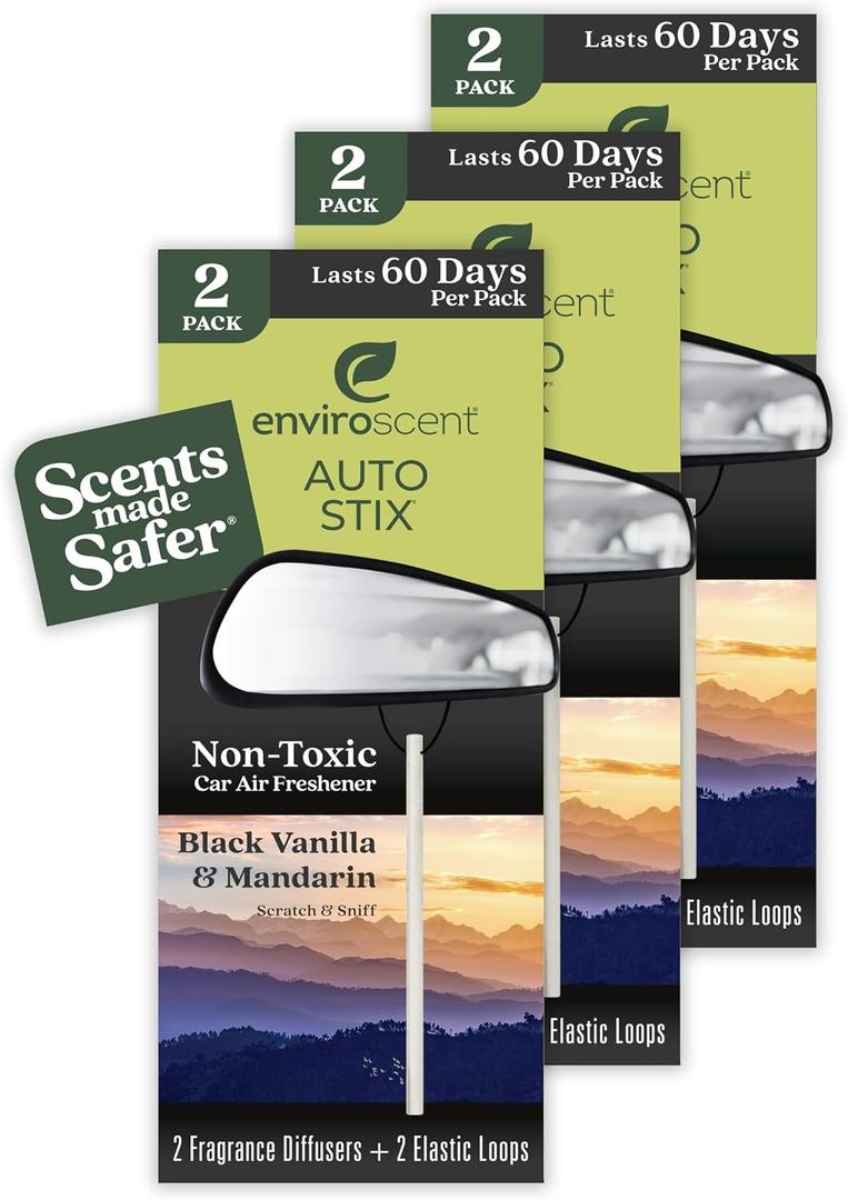 Enviroscent Non-Toxic* Car Air Freshener Auto Stix - Fragrance Lasts Up to 180 Days - Includes Auto Stix Diffusers & Elastic Loops - Mothers Day Gift for Mom - Black Vanilla & Mandarin (Pack of 3)