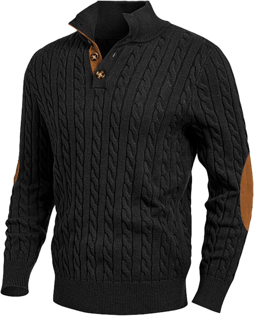 JMIERR Men's Cable Knit Pullover Sweater Casual Long Sleeve Stand Collar Button Knitted Sweaters (Large, 0 Black)