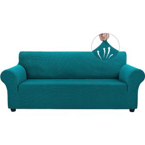 Asnomy Couch Covers for 3 Cushion Couch Stretch Sofa Covers Slipcovers, Pet Protector Furniture Covers for Dogs Cats Spandex Jacquard Fabric Small Checks LargePeacock Blue