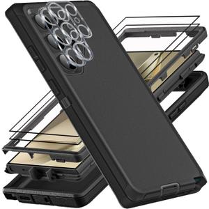 YKHJKLEC for Samsung Galaxy S24 Ultra Case, Military Grade 3 in 1 Heavy Duty Shockproof/Drop Proof/Dust Proof Case with 2Pcs Tempered Glass Screen Protector & Camera Lens Protector (Black/Black)