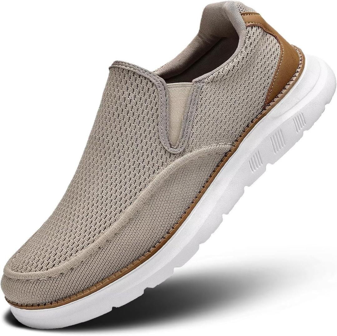 Mens Boat Loafers Slip-on Casual Mesh Walking Shoes Business Oxfords Sneakers Work Lightweight Comfortable Soft Sole (Beige), 8