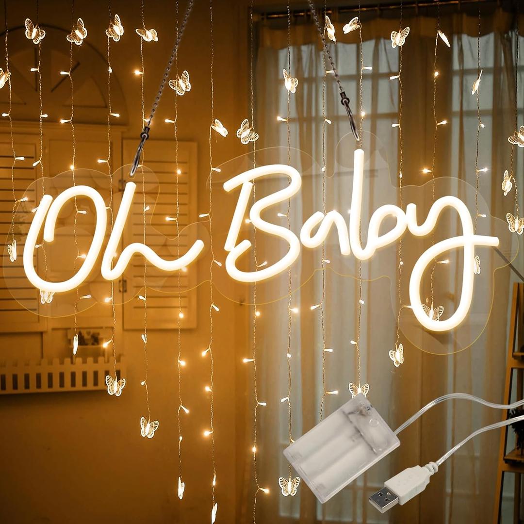 ATOLS Oh Baby Neon Sign for Wall Decor, Battery or USB Powered Led Sign, Light Up Sign for Baby Shower Decorations, Birthday Party, Wedding Decor, Size-16x7Inch