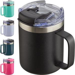 12oz Insulated Coffee Mug Cup with Handle, Stainless Steel Travel Coffee Mug with Flip Lid, Double Wall Vacuum Coffee Tumbler, Black