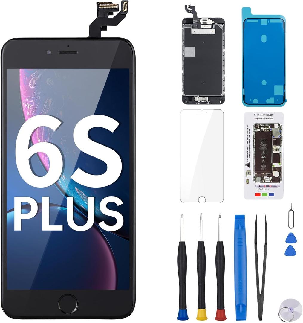 for iPhone 6S Plus Screen Replacement with Home Button 5.5" Black Full Assembly 6splus 3D Touch LCD Display Digitizer Fix Tools with Front Camera Speaker Sensor Glass Repair Kit A1634 A1687