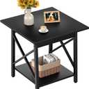 GreenForest End Table 24 inch for Living Room, Large Square Side Tables with X-Frame, Tall Industrial Bedside Nightstand with 2-Tier Storage, Black