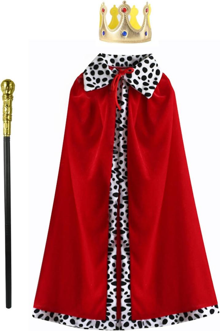 King Costume Set Red Cloak Golden Crown And Scepter Set Prince Capes Halloween Costume For Kids Teen Adult (3'7" - 4'7")