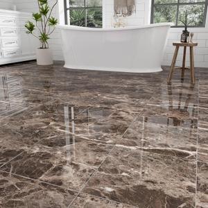 12" x 12" Peel and Stick Floor Tiles Waterproof, Polish Taupe Marble Self Adhesive Vinyl Flooring for Bathroom, Kitchen, Living Room, RV, Vinyl Floor Tiles Cover 10 Sq.Ft, 10-Pack, Glossy Brown