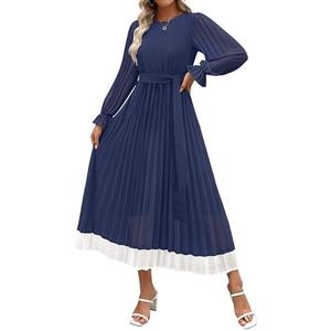 ZESICA Women's Spring Long Sleeve Chiffon Dress Casual Crew Neck Pleated A Line Flowy Midi Dresses with Belt, S