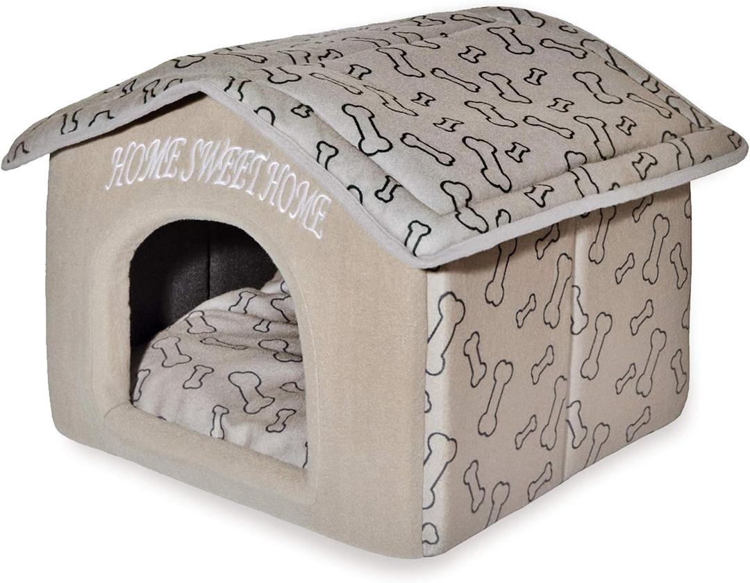 Best Pet Supplies Cat Bed for Indoor Cat, Domed Tent House with Removable Pillow, Covered Cat Cave for Small Dog, Puppies and All Breeds of Cats - Light Brown w/ Bones, 16 x 16 x H:14"