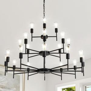 Modern Farmhouse Chandelier 24 Light Large Black Chandeliers for Dining Room Light Fixture, Round Iron Candle Chandeliers 3-Tier 42for High Ceilings Foyer Living Room Entryway Hallway, E26
