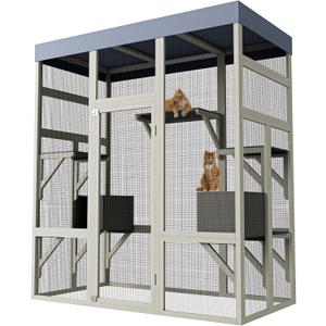 70" Large Outdoor Catio Cat Enclosure, Wood Cat Patio with Waterproof UV-Resistant Roof, Cats Shelter with 5 Platforms and 2 Resting Box, and Secure Rust-Proof Wire for Backyard or Patio