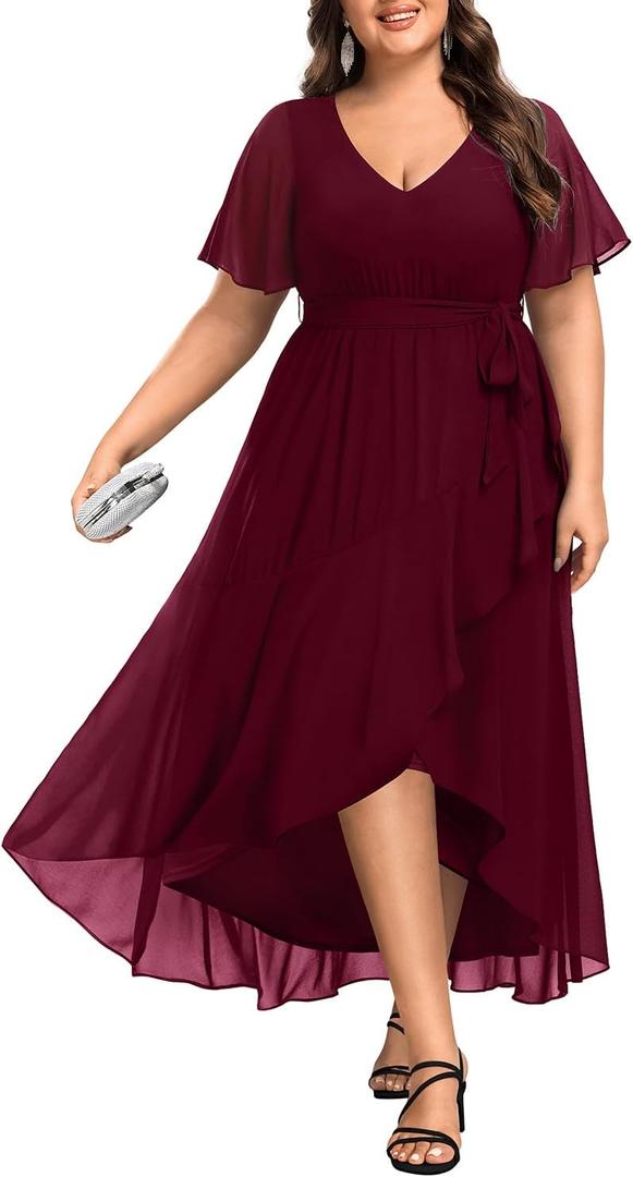 Womens Plus Size Long Dress Chiffon High Low Split Ruffle Evening Bridesmaid Wedding Guest Formal Maxi Dresses (20 Plus, Burgundy)