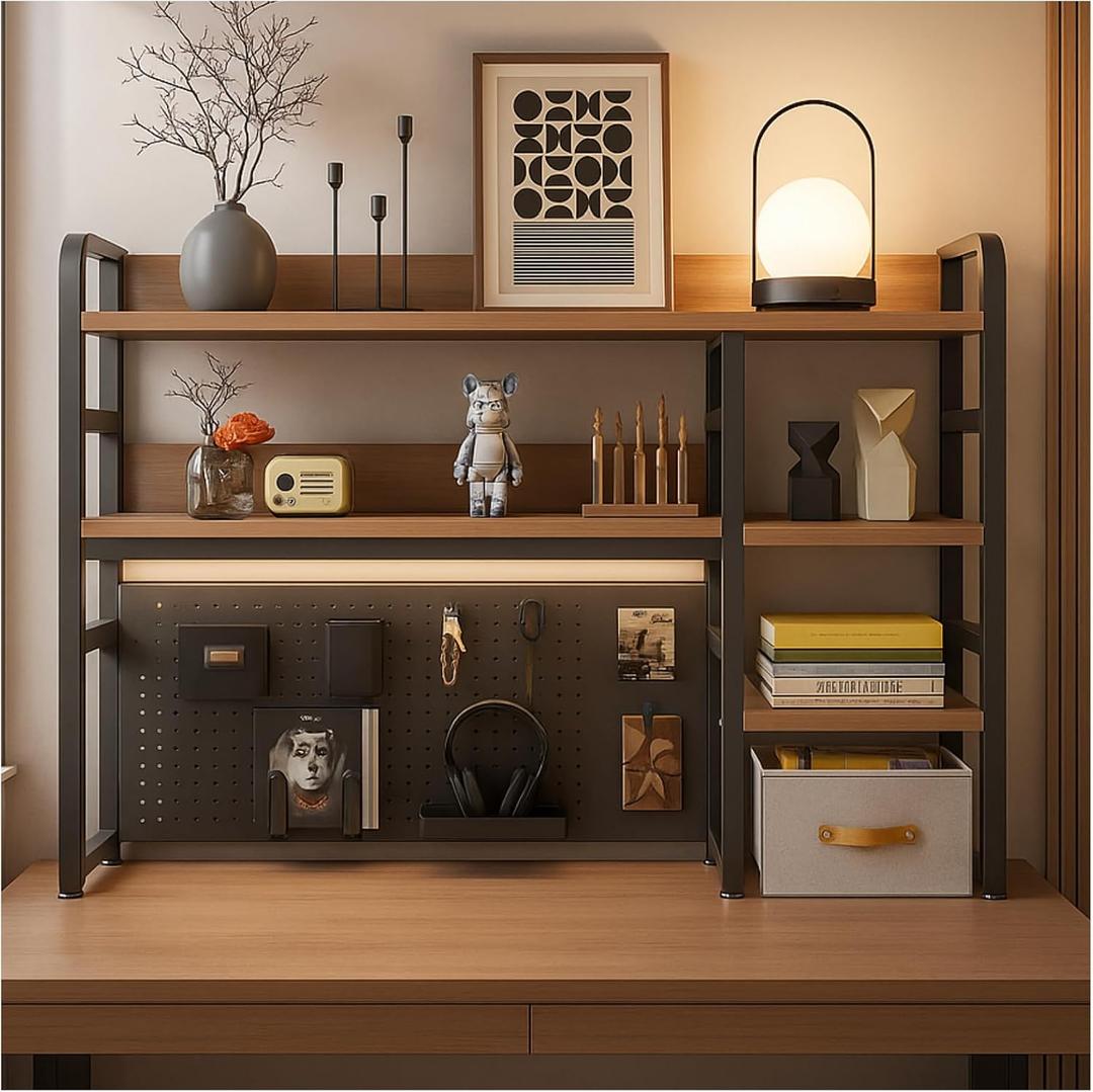 Desktop Bookshelf, pegboard Storage and Organization Rack, Dorm Desk Shelf, Desk Hutch, Desktop Storage for Office, Study, Student Display Rack,Desktop Shelves (Black+Walnut 45.3" Lx9.9 Wx37 H)