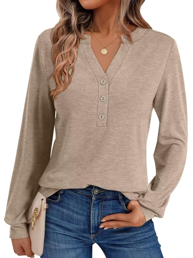 EasyGala Womens V Neck Long Sleeve Shirts Henley Dressy Casual Tops Loose Fit Trendy Tees Fall T Shirts Outfits 2025 Khaki (Beige, L)
