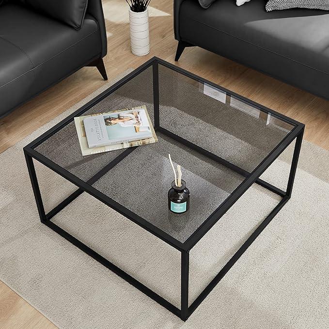 SAYGOER Glass Coffee Table, Small Modern Coffee Table Square Simple Center Tables for Living Room 26.7 x 26.7 x 17.7 Inches, Gray Black
