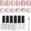 RARJSM Nude Cat Eye Gel Polish Set 6 Pcs Sparkle Diamond Glitter Sheer Purple Soft Pink Chanpagne Gold Velvet Ice Jelly Glass Cateye Gelpolish with Magnet Stick UV LED Curing Requires Home Manicure
