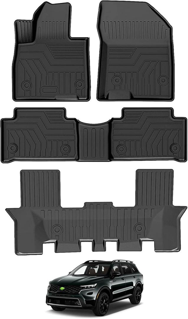 T TGBROS Floor Mats Custom Fit for 2021 2022 2023 2024 2025 Kia Sorento (Only Fits Bench Model &7 Seats) Accessories All Weather Protection TPE 1st + 2nd + 3rd Rows Floor Liners Set Non-Slip Black