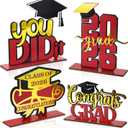 4 Pcs Red and Gold Graduation Decorations Class of 2026 Congrats Grad Centerpieces Mirrored Wooden Table Sign for High School College Photo Booth Props Graduations Party Favors