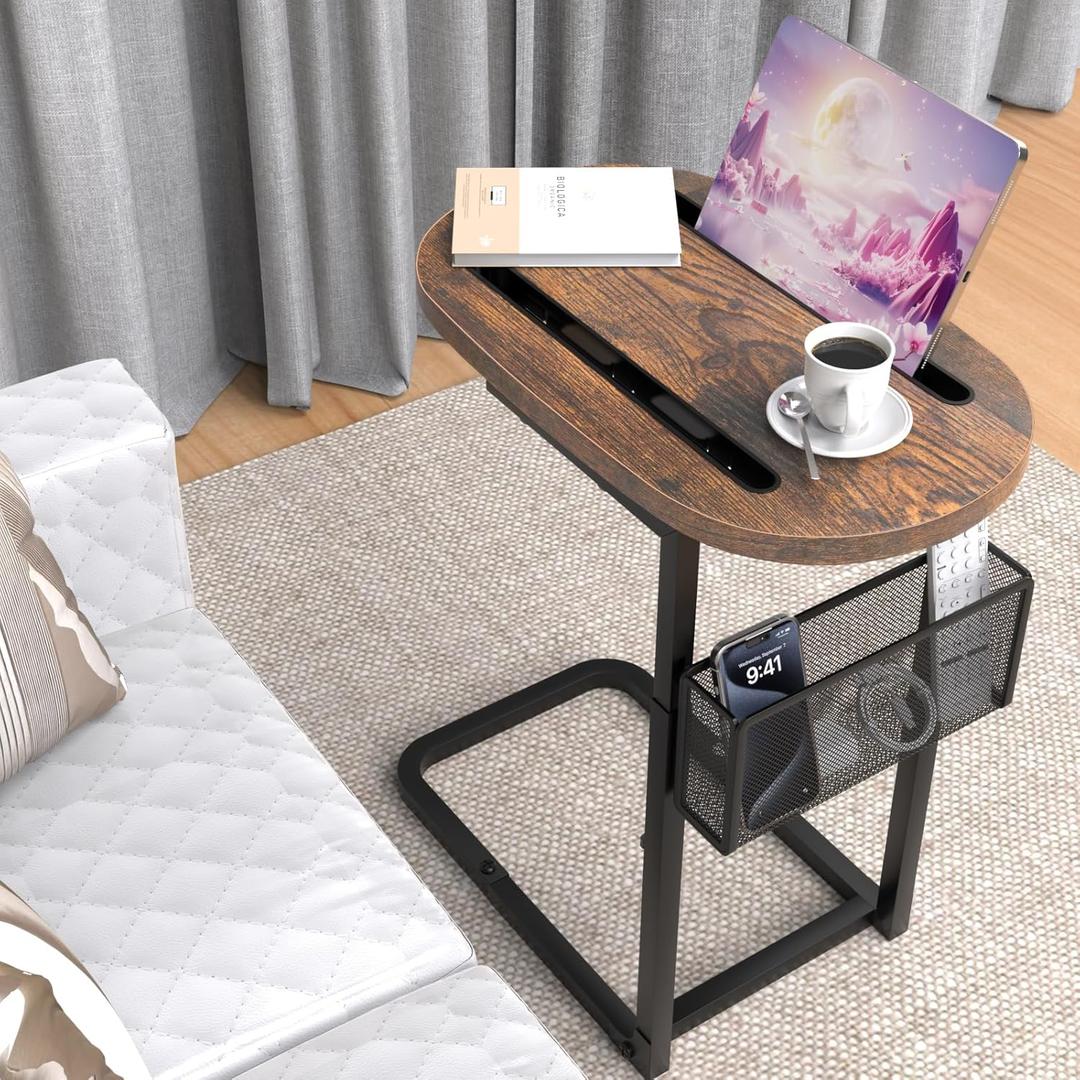 Couch Arm Table, Adjustable Height TV Tray with Storage Baskets, C Table for Sofa, Bedside, TV Watching, Meals, Snacks, Laptop Use