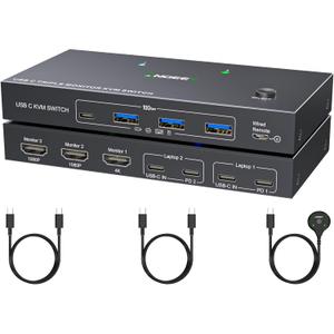 USB C KVM Switch 3 Monitors 2 Computers 4K/1080P@60Hz,USB-C Triple Monitor KVM Switches with 4 USB3.2 Ports Keyboard Mouse,10Gbps,80W PD Charging,For Windows and Mac OS,Driver Installation is Required