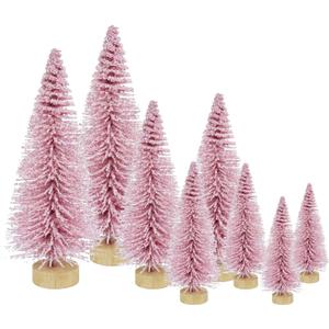 8 Pcs Artificial Mini Christmas Trees, Miniature Pine Trees Sisal Trees with Wood Base Tabletop Christmas Tree for Christmas Xmas Holiday New Year (Pink, 8 pcs)